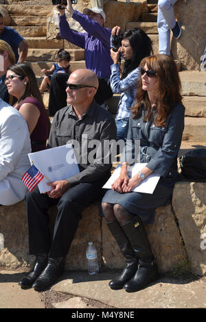 NPS Centennial Grand Canyon Naturalization Ceremony  U.S. Citizenship and Immigration Services (USCIS) teamed with Grand Canyon National Park and the National Park Service (NPS) to welcome 15 new United States citizens representing 12 countries. The ceremony took place August 25th, 2016, the National Park Service's 100th birthday, at 10 am at Mather Point Amphitheater. In honor of the NPS Centennial, USCIS has partnered with the NPS to hold more than 100 naturalization ceremonies on national park sites during 2016. Stock Photo