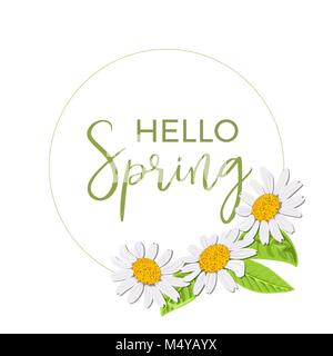 Hello spring. Beautiful Daisy wreath isolated. Elegant floral chamomile flowers collection. Frame, text. Vector flowers set. Design for invitation, we Stock Vector