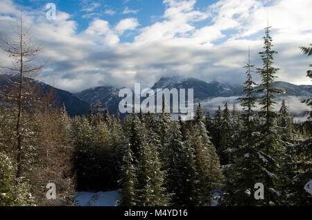 A winter view of the snow dusted Cabinet Mountains over the Bull River valley, from Eagle View, in Sanders County, Montana. Stock Photo