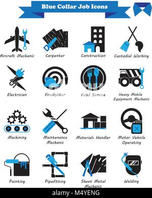 Vector Illustration Ready-To-Use 16 Blue Collar Job - Black And Blue Flat Icons As Multiple Professions Involved In Worker, Labor, Skill, Technical. Stock Vector