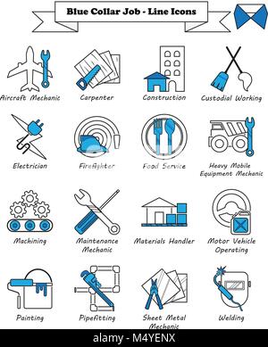 Vector Illustration Ready-To-Use 16 Blue Collar Job - Line Icons Designed as Multiple Professions Involved In Worker, Labor, Skill, Technical. Stock Vector