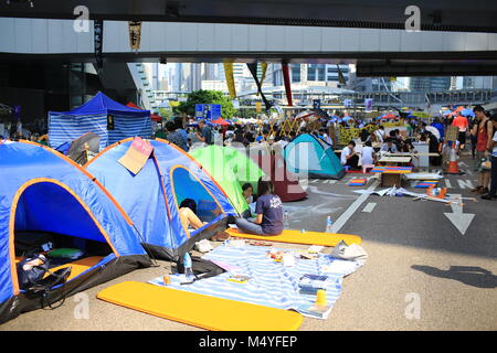 HONG KONG, OCT 13: people set up the tents for long time occupation in Admiralty on 13 October 2014. people is still insist in occupy protest during the umbrella revolution Stock Photo