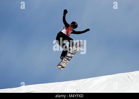 Switzerland's Sina Candrian in the Ladies Snowboarding Big Air at the Alpensia Ski Jumping Centre during day ten of the PyeongChang 2018 Winter Olympic Games in South Korea. Stock Photo