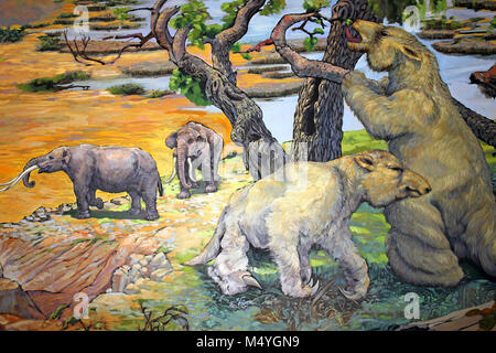Painting of Giant Sloths Megatherium americanum and Mastodonts Cuvieronius hyodon Stock Photo