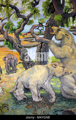 Painting of Giant Sloths Megatherium americanum and Mastodonts Cuvieronius hyodon Stock Photo