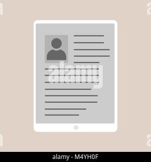 a flat design tablet or smart phone vector modern with resume, cv photo or image of male illustration Stock Vector