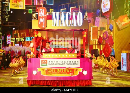Hong Kong, Hong Kong - February 16, 2018. The annual Chinese New Year Night Parade 2018 takes place in the Tsim Sha Tsui area of Hong Kong. Here the float of Macao Government Tourism Office. Stock Photo