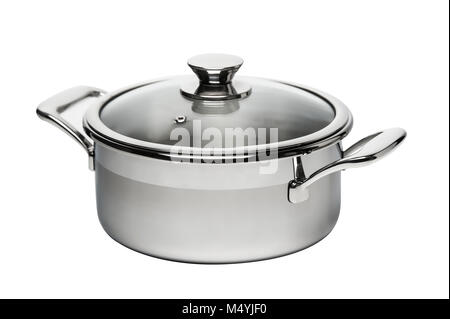 stainless steel cooking pot with glass lid isolated Stock Photo