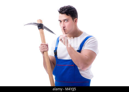 Man with a digging axe hoe on white background isolated Stock Photo