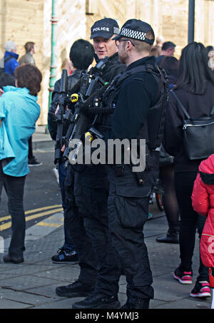 Armed British police officers on duty at the Chinese New Year celebrations in Liverpool UK 2018. Stock Photo