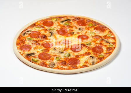 Pepperoni pizza with sausage, mushrooms and mozzarella on a white background Stock Photo