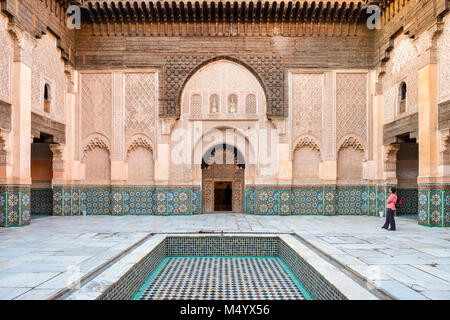 Ornate courtyard of Ben Youssef Madrasa college, Marrakesh, Marrakesh-Safi, Morocco Stock Photo