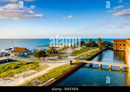 Aerial view of pier and campground from roof of Fort Jefferson on Garden Key at Dry Tortugas National Park in the Florida Keys. Stock Photo