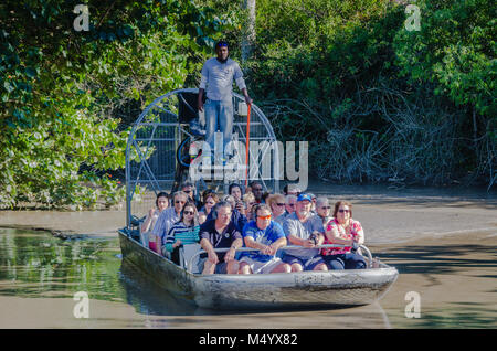 Group of tourists on airboat ride at Everglades Alligator Farm in Southern Florida. Stock Photo