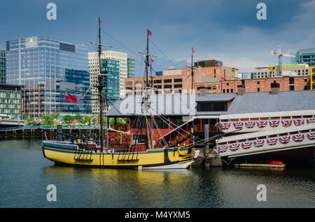 Boston, MA attraction tells story of the Boston Tea Party, the political protest by the Sons of Liberty in Boston, Massachusetts, on December 16, 1773 Stock Photo