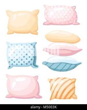 Sleep and rest symbol accessories for night rest pillows of pastel colors with a print striped and dotted in different angles icon in cartoon style is Stock Vector