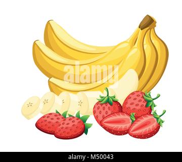 Set of fresh strawberry and bananas cut by pieces with the different parties cartoon bright fruit vector illustration isolated on white background web Stock Vector