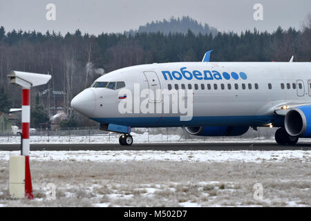 Karlovy Vary, Czech Republic. 17th Feb, 2018. The first flight of Russian Pobeda company from Moscow to Karlovy Vary arrived in Karlovy Vary, Czech Republic, on February 17, 2018. Credit: Slavomir Kubes/CTK Photo/Alamy Live News Stock Photo