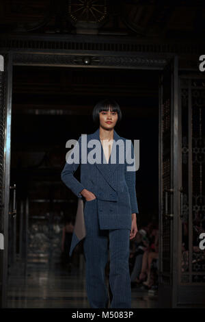A model showcases design by Soe Jakarta during London Fashion Week/Fashion Scout AW18, February 19, 2018. London, England. Stock Photo