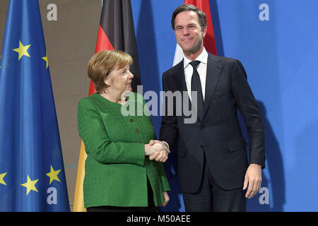Berlin, Germany. 19th February, 2018. German Chancellor Angela Merkel of the Christian Democratic Union party (CDU) and the Dutch Prime Minister Mark Rutte take part in a press conference in the Kanzleramt. Photo: Maurizio Gambarini/dpa Credit: dpa picture alliance/Alamy Live News Stock Photo