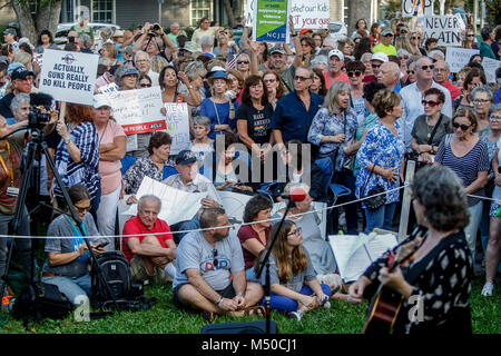 Delray Beach, Florida, USA. 19th Feb, 2018. A crowd of hundreds is seen during a demonstration in front of Delray Beach's city hall protesting gun violence on Monday, February 19, 2018, in Delray Beach, Fla. Credit: Andres Leiva/The Palm Beach Post/ZUMA Wire/Alamy Live News Stock Photo