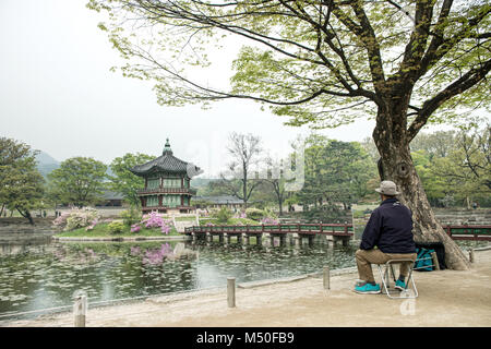 Hyangwonjeong hexagonal pavilion of Gyeongbokgung Palace in Seoul, Korea. Stock Photo