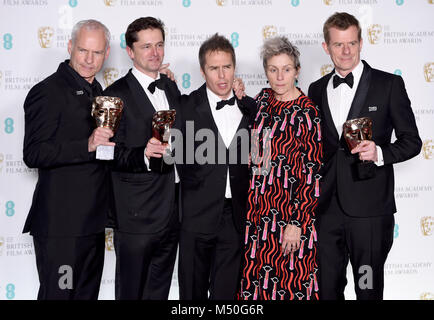 Photo Must Be Credited ©Alpha Press 079965 18/02/2018 Martin McDonagh, Pete Czernin and Graham Broadbent, winners of the Outstanding British Film award, Sam Rockwell, winner of the Best Supporting Actor award and Frances McDormand, winner of the Best Actress award EE Bafta British Academy Film Awards 2018 at The Royal Albert Hall London Stock Photo