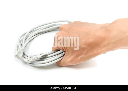 Ready-made LAN cable on IT professional hand Stock Photo