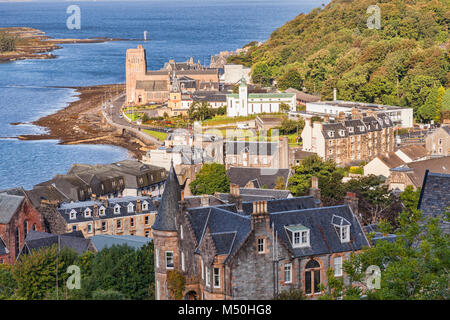 Oban from McCaigs Tower, with St Columba's Roman Catholic Cathedral on the waterfront, Oban, Argyll and Bute, Scotland, UK. Stock Photo