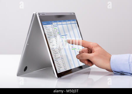 Businessman Pointing On Gantt Chart Over Hybrid Laptop At Workplace Stock Photo