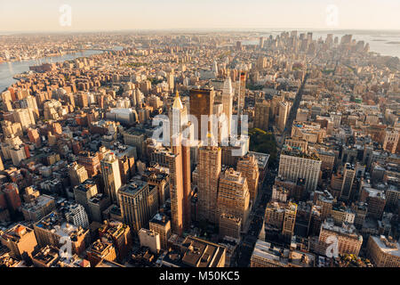 Aerial view at sunset of Manhattan below 30th Street (along 5th Avenue) including Midtown, Flatiron District, Chelsea, East Village an Lower Manhattan Stock Photo