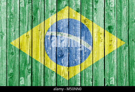 National flag of Brazil on old weathered white wood background Stock Photo