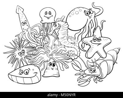 sea life group cartoon characters coloring book Stock Photo