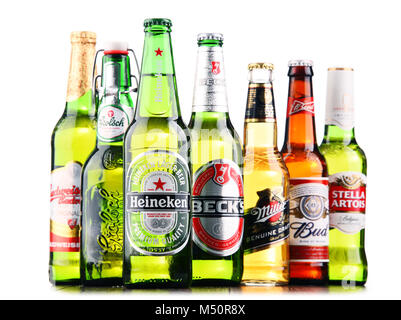 Bottles of assorted global beer brands Stock Photo
