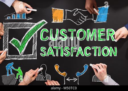 People Drawing Customer Satisfaction Survey Concept On Blackboard Stock Photo