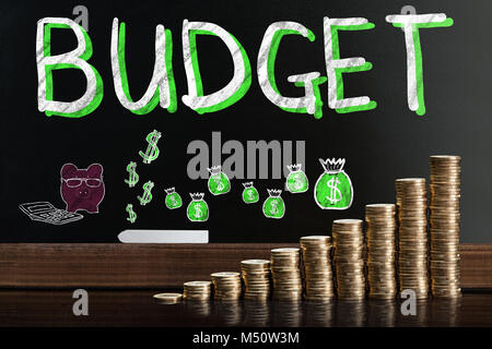 Budget Word On Blackboard Behind Stacked Coins Stock Photo