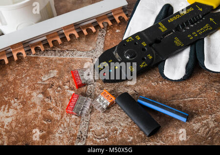 Tools for electricians crimpers and accessories, close-up Stock Photo