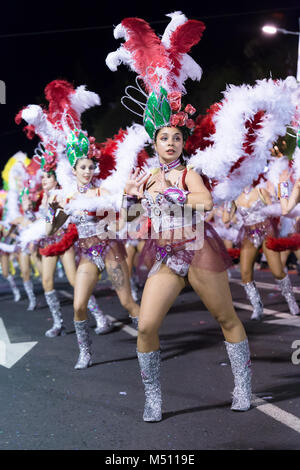 FUNCHAL, PORTUGAL - FEBRUARY 9, 2018: Participants of the Madeira Island Carnival dancing in the parade in Funchal city, Madeira, Portugal. Stock Photo