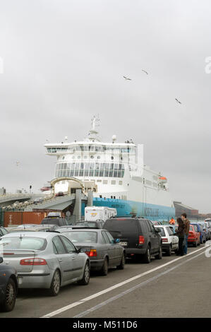 Cars and other vehicles wait to board the cross Channel Norfolkline passenger and car ferry from Dunkerque to Dover. 2007 Stock Photo