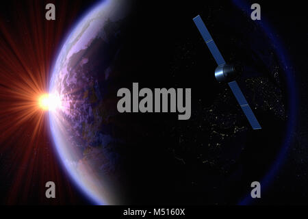 3D rendering of a satellite orbiting the earth Stock Photo