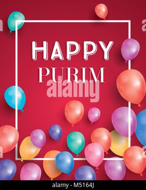 Happy Purim Holiday Card with Air Balloon on Red Background. Vector Illustration. Stock Vector