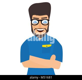 Casually Handsome Man Isolated on White Background. Vector Illustration. Confident Young Handsome Man in Blue Shirt Keeping Arms Crossed and Smiling. Stock Vector