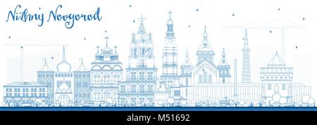 Outline Nizhny Novgorod Russia City Skyline with Blue Buildings. Vector Illustration. Business Travel and Tourism Concept with Historic Architecture.  Stock Vector