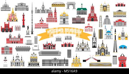 Welcome to Russia. Vector Illustration. Russia Landmarks Set Isolated on White Background. Stock Vector