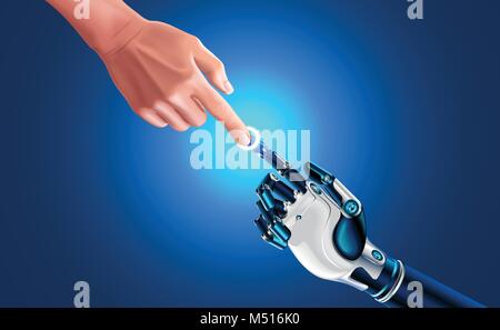 Artificial robot hand touch human hand. Symbol of connection and interaction, people and artificial intelligence. hands with index fingers. Science, f Stock Vector