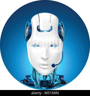 Technical support icon. Chat bot web assistance. Robot in headphone. Front view Stock Vector
