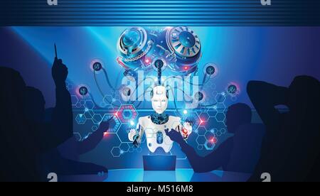 Artificial intelligence teaches business employees. Robot with artificial brain is connected to neural network for analysis of business data. Business Stock Vector
