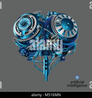 The Mechanical brain of the robot. Artificial intelligence. Mechanical electronic part of the robot head in the style of cyber punk or steam punk vint Stock Vector