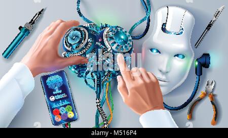 Man repairing robot. Scientist engineer designs brain, settings artificial intelligence humanoid robot. Robot head on your desktop. Hands of the scien Stock Vector