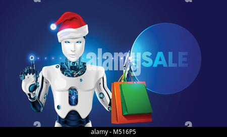 the robot in the Santa Claus hat holding gift bags in hand. Christmas sale in online store. Advertising banner. E-Commerce and marketing Stock Vector